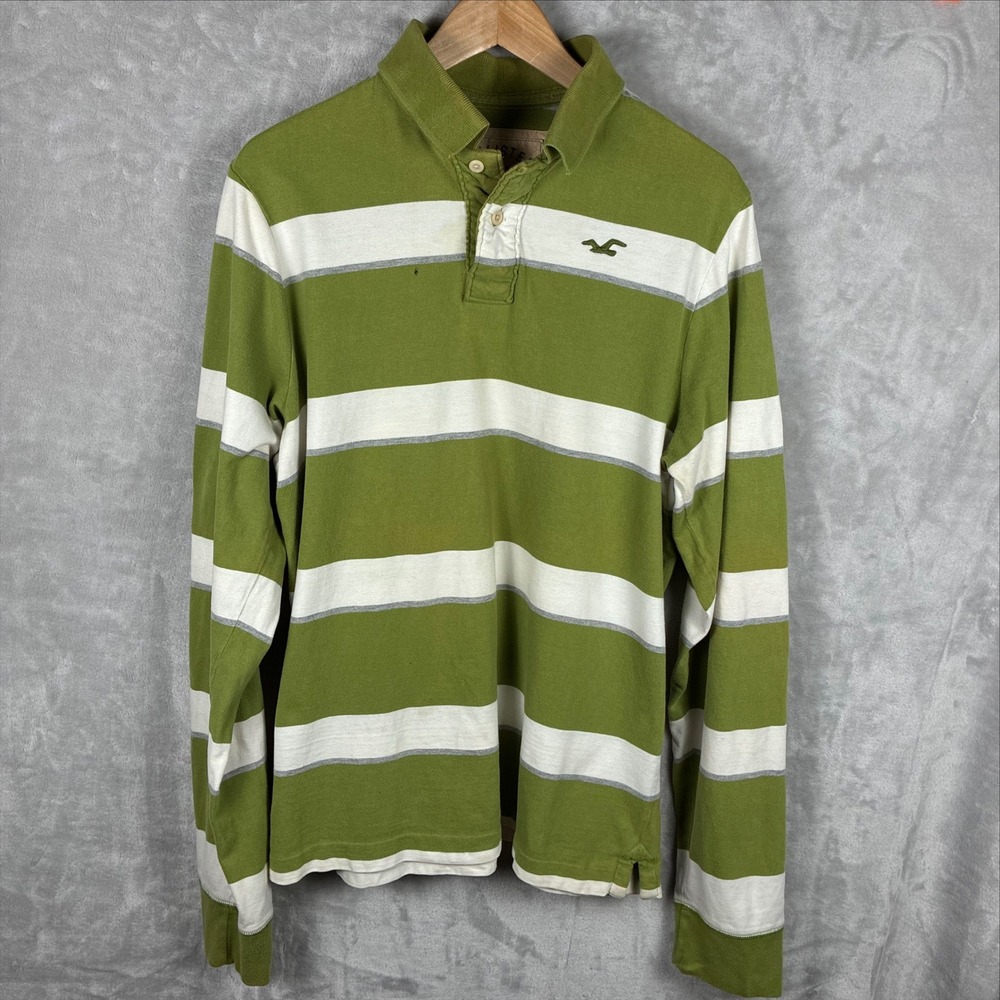 Hollister Mens XL Long Sleeve Striped Polo Shirt Green White Cotton Rugby Top